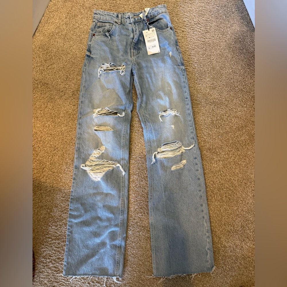Zara High Rise Distressed Jeans - Light Blue
